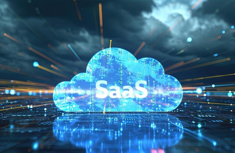 Illustration of a glowing cloud labeled “SaaS” with digital data streams, representing software-as-a-service infrastructure and post-acquisition challenges.